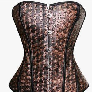 Brown Faux Leather Skull Print Corset – XL Sexy Overbust Pirate Costume Top